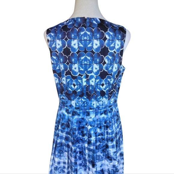 Talbots Blue & White Gingham Floral Fit N Flare Style Midi Length Dress Size 6P - Picture 7 of 10